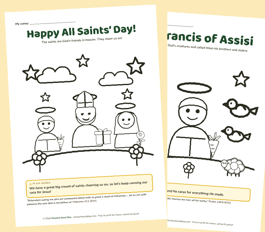 Two All Saints' Day coloring pages: Happy All Saints' Day with three saints, and St. Francis of Assisi with birds