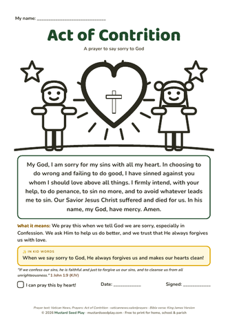 Act of Contrition printable prayer page for kids