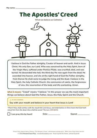 The Apostles' Creed printable prayer page for kids