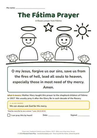 The Fátima Prayer printable prayer page for kids