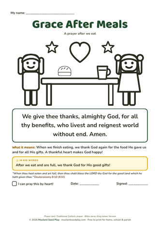Grace After Meals printable prayer page for kids