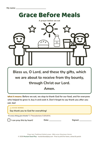 Grace Before Meals printable prayer page for kids