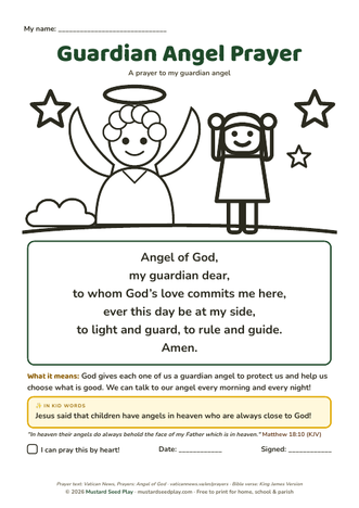 Guardian Angel Prayer printable prayer page for kids