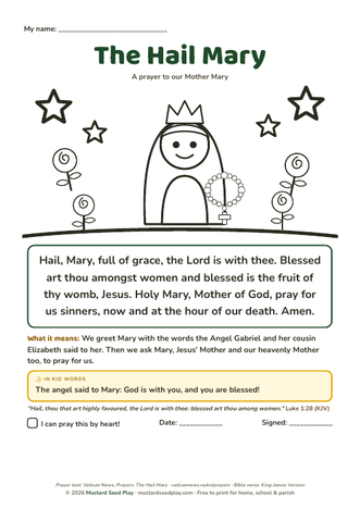 The Hail Mary printable prayer page for kids