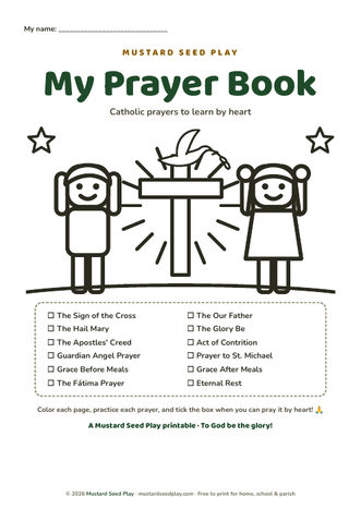 My Prayer Book cover: two children praying beside a cross