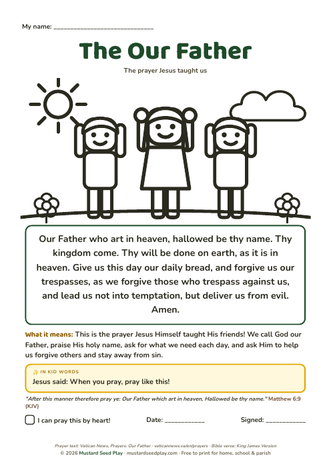 The Our Father printable prayer page for kids