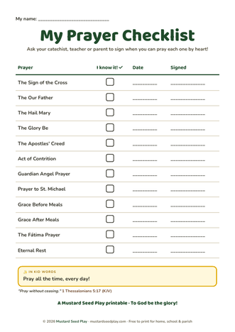 My Prayer Checklist printable for kids