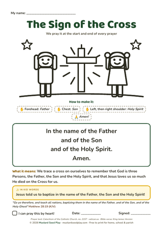 The Sign of the Cross printable prayer page for kids