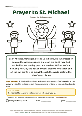 Prayer to St. Michael printable prayer page for kids